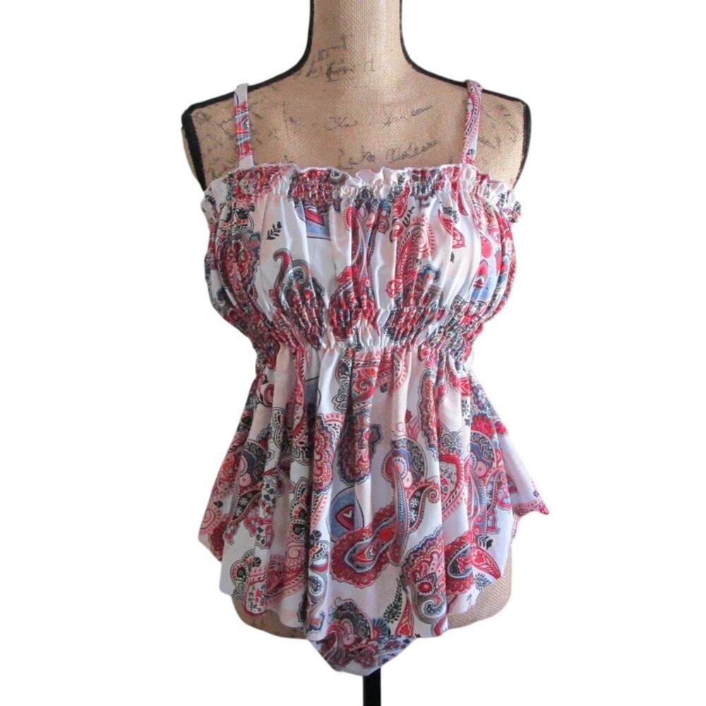 Shein Tankini SwimSuit Size XL Red Pink White Paisley Print Babydoll Empire